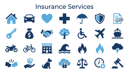 Collection of insurance services icons representing home car health life business and travel protection security and financial safety © Iconique Studio