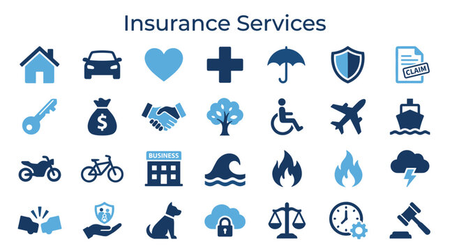 Collection of insurance services icons representing home car health life business and travel protection security and financial safety