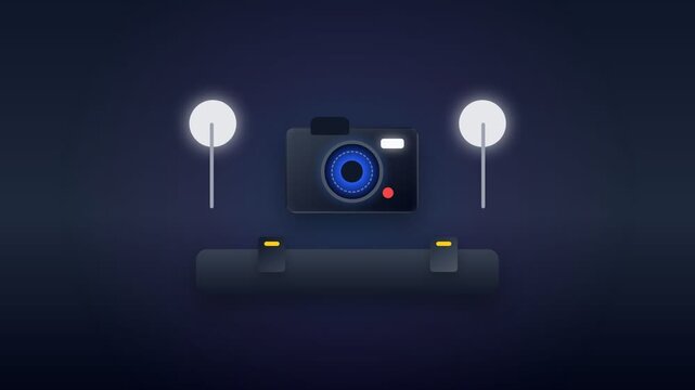 Modern minimalist graphic illustration of a digital camera setup with essential studio lighting, capturing the essence of professional photography and visual content creation on a dark background