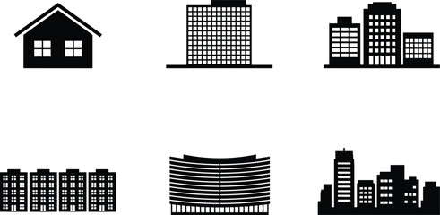 Black silhouettes of houses, office buildings, apartments, and city skylines showcasing diverse architectural styles, urban development, and modern design © MstNur