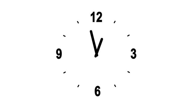 Clock hands rotating animation showing a full 12-hour cycle, with moving hour and minute hands, isolated on a white background.