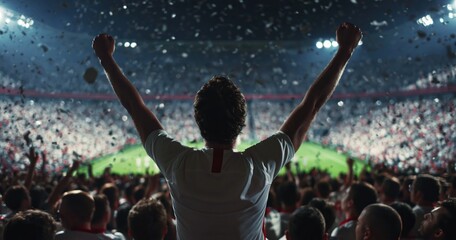 Fototapeta premium Fan celebrating victory in stadium with confetti raining
