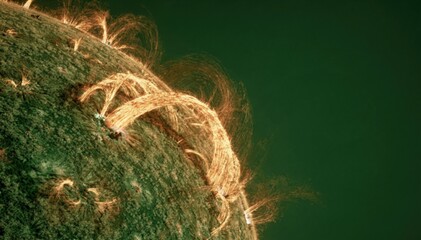 Fototapeta premium Solar prominence plasma arch erupting from a green star surface for astrophysics education, science fiction backgrounds and cosmic energy exploration with copy space