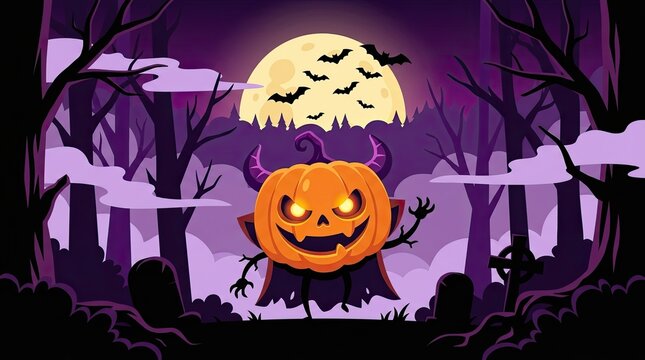 Spooky halloween night with a mischievous cartoon pumpkin monster mascot wearing devil horns and a cape standing in a haunted forest graveyard under a full moon with bats flying creating a festive