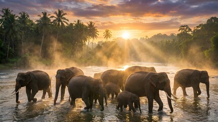 Fototapeta premium Herd of Wild Elephants Bathing in Tropical River at Sunrise