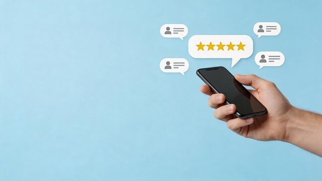 Hand holding smartphone with customer reviews and five star rating bubbles, social media feedback concept, user experience satisfaction, mobile app testimonial communication