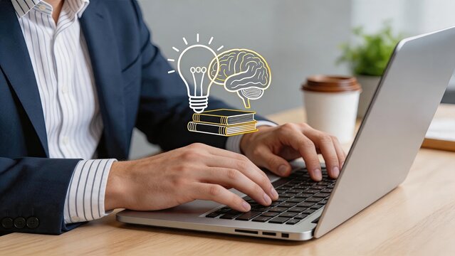 Creative thinking and learning process, education concept with light bulb idea, human brain icon, knowledge books stack, student studying on laptop, professional development,