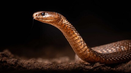 Fototapeta premium Fierce Cobra Snake With Hood Flared, Poised To Strike in Dark Natural Setting