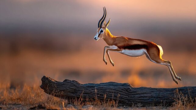Graceful Gazelle Leaping Effortlessly Over a Fallen Log During a Golden Sunset Safari