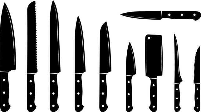 Kitchen Knife Silhouette Icon Set with Chef, Bread, Cleaver, and Paring Tools for Restaurant Cooking, Culinary, and Food Preparation Graphic Designs