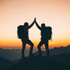 Fototapeta premium Two Hikers Celebrate Summit Success with High Five at Sunset.