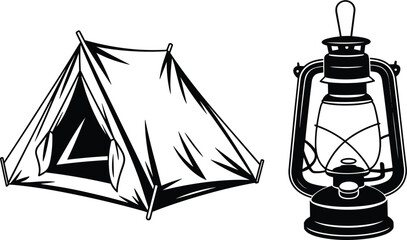 Camping tent and lantern vector illustration for outdoor adventure, camping trip, nature exploration, hiking, wilderness © Billal