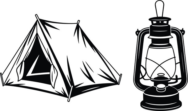 Camping tent and lantern vector illustration for outdoor adventure, camping trip, nature exploration, hiking, wilderness