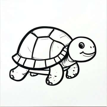 Smiling Cartoon Turtle Walking in Simple Line Art Style Illustration