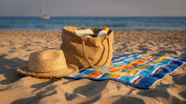 Straw fedora hat, woven burlap tote bag containing books and sunscreen, and a striped colorful beach towel on sandy ground with the ocean waves and a sailboat in the background.