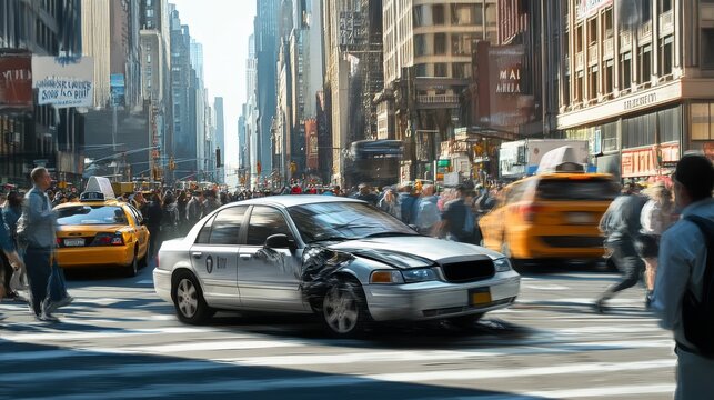 realistic scene of a silver sedan with a dented bumper stopped in traffic, people reacting with surprise, urban city backdrop during afternoon rush