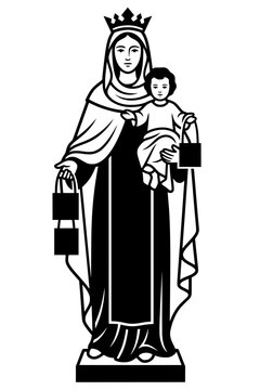 Black vector line art icon of Our Lady of Mount Carmel holding the Infant Jesus Christ. Clean minimalist illustration depicting the Virgin Mary with a crown and veil, holding the holy scapulars