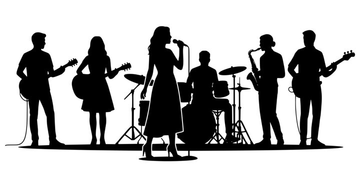 Silhouette of a diverse live music band performing on stage. Female lead singer at the center with musicians playing electric guitar, acoustic guitar, drums, saxophone, and bass guitar on a plain back