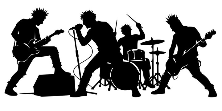 Energetic punk rock band performing live. Silhouette of musicians with spiked hair playing electric guitar, bass, drums, and singing into a microphone on a plain background.