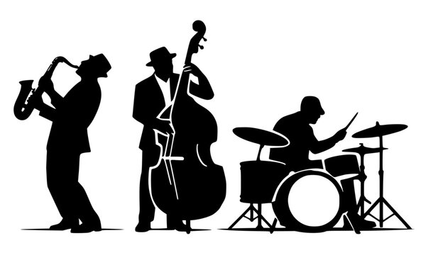 Solid black vector silhouettes of a three-piece live jazz band group featuring a saxophone player, a double bass player, and a drummer. Sharp, clean minimalist musical graphic for concerts, festivals,