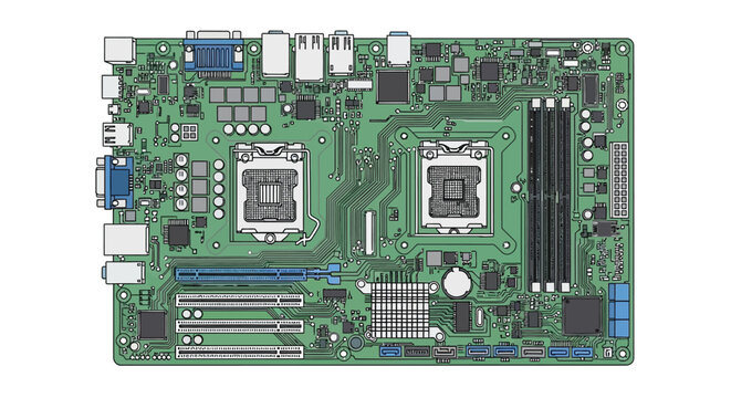 Close-up view of a green circuit board with blue ports