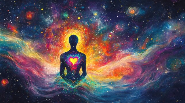 hand drawn illustration of a figure with glowing heart chakra, connected by colorful energy waves to a swirling universe background