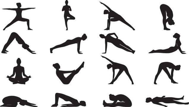 Large set of black female silhouettes showing a full yoga sequence, standard workout postures, and meditation positions isolated on a white background