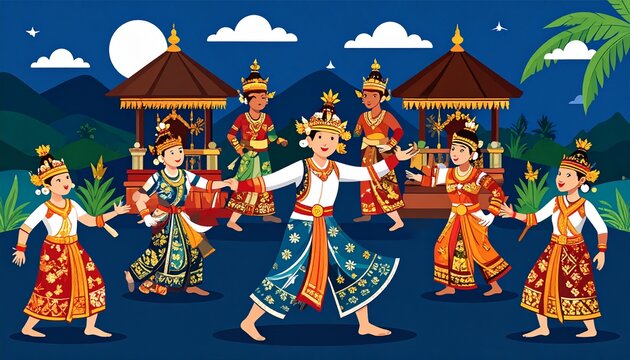 group of people dancing on the stage, batik bali, tari kecak bali