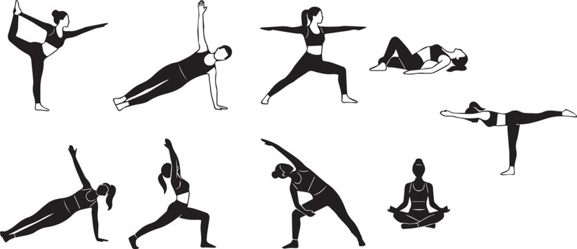Collection of black female silhouettes demonstrating a yoga routine, stretching exercises, and meditation postures isolated on white background