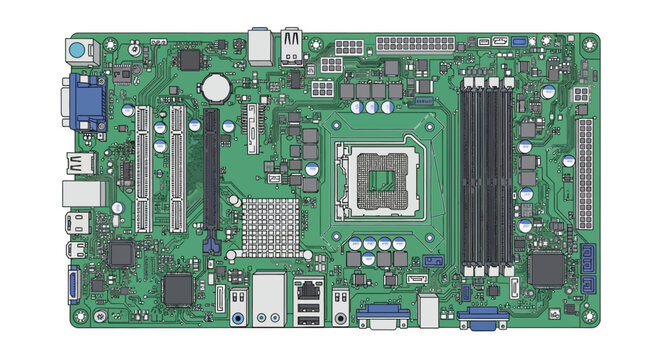 Computer motherboard with USB and VGA ports on white background