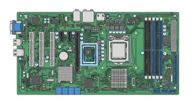 Computer motherboard with USB ports and blue slots