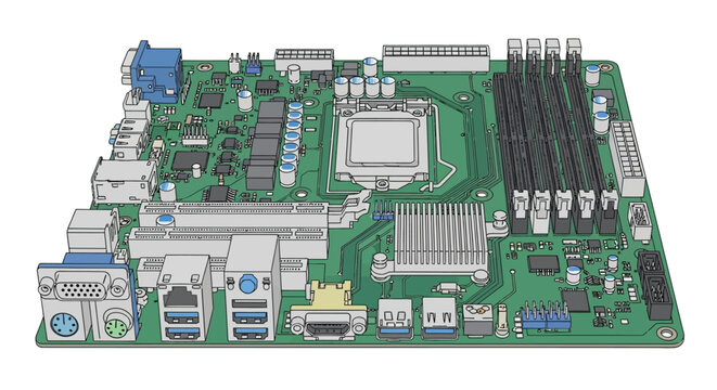 Computer motherboard with VGA and USB ports on green circuit board