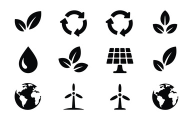 Fototapeta premium Eco friendly icons set including recycling symbol leaves solar panel wind turbine and globe on white background for sustainable energy and environmental conservation