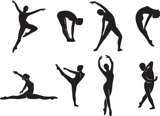 Elegant dance and gymnastics silhouette vector collection of a woman performing ballet jumps splits stretching and expressive poses isolated on white © MstNajma
