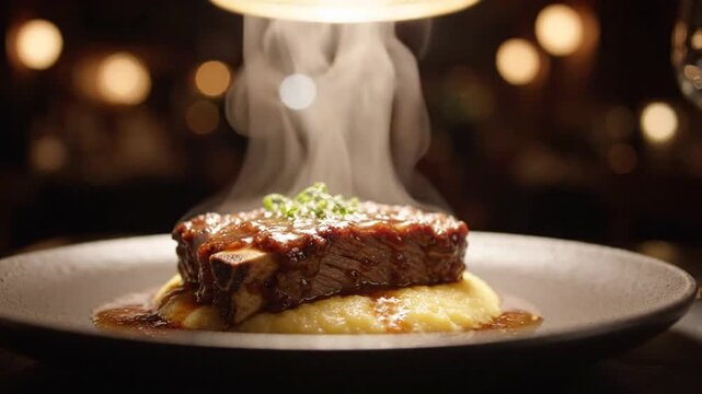 Steaming hot meat dish on plate.
