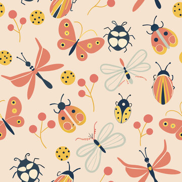 Colorful insect pattern with butterflies and bugs on a light background for textile design