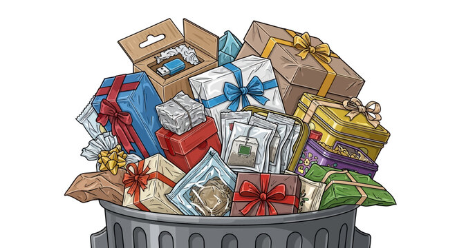 Discarded Gifts in Trash Can with Red and Gold Ribbons