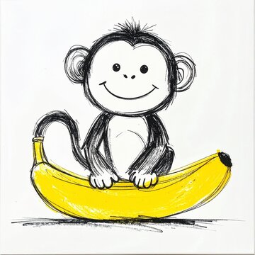 Cartoon monkey holding banana sitting on large banana line art illustration