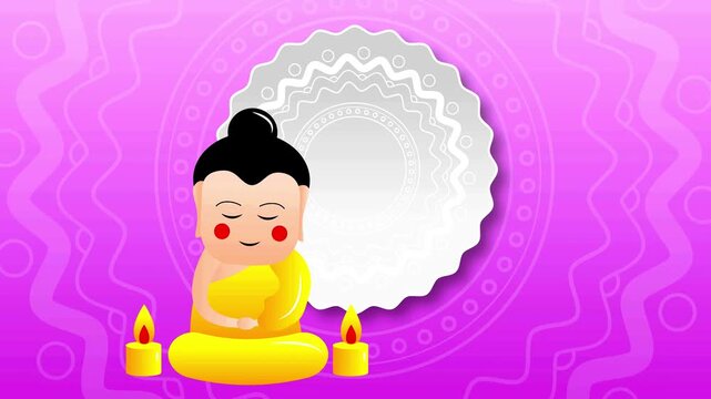 Buddha statue cartoon character meditating between two candles on a purple pattern background.