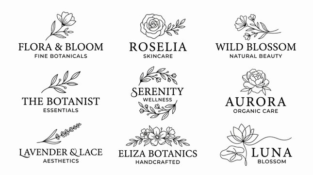 Botanical logos with floral illustrations.