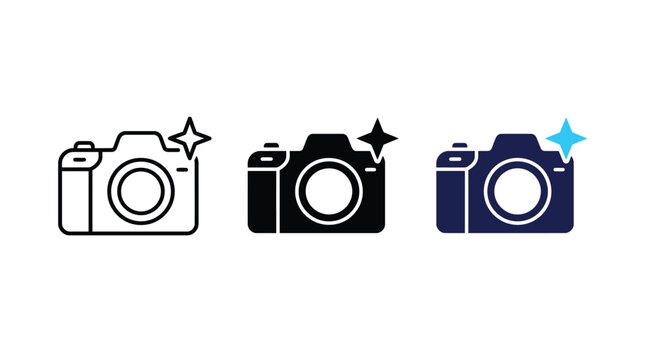 Three distinct digital camera icons presented in a simple graphic style illustrating photography tools for creative design projects within a clean and modern user interface layout