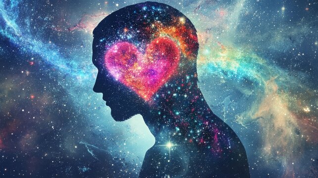 artistic depiction of human form merging with galaxy energy, heart and soul illustrated with flowing colors and dreamy textures