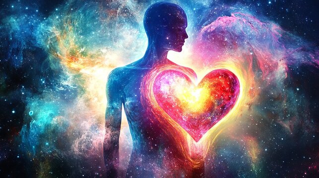 artistic depiction of human form merging with galaxy energy, heart and soul illustrated with flowing colors and dreamy textures