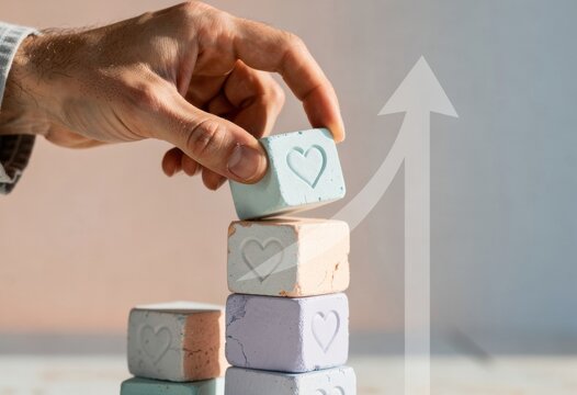 Hand placing a heart icon block on a stack with a rising arrow for relationship growth, social media engagement and emotional wellness marketing