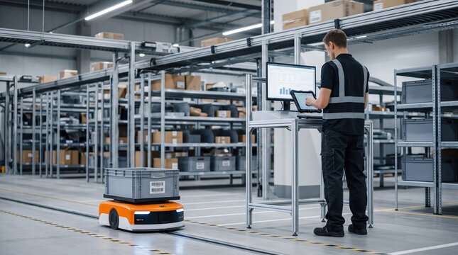 Male warehouse worker operating tablet computer next to autonomous mobile robot carrying crate in automated logistics distribution center with metal shelving units storage racks