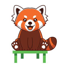 Fototapeta premium Red panda sitting on green bench cartoon illustration