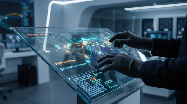 Cybersecurity expert monitoring network threats on futuristic holographic interface, verifying encryption status and intrusion detection systems in high-tech security operations