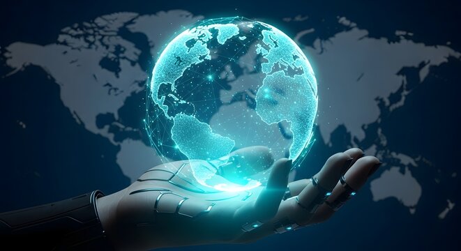 person's hand cradling a glowing blue earth with world map background