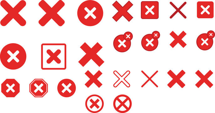 Set of Red Cross Symbols in Various Shapes, Including Circular, Square, and Octagonal for Web, UI, and Graphic Design