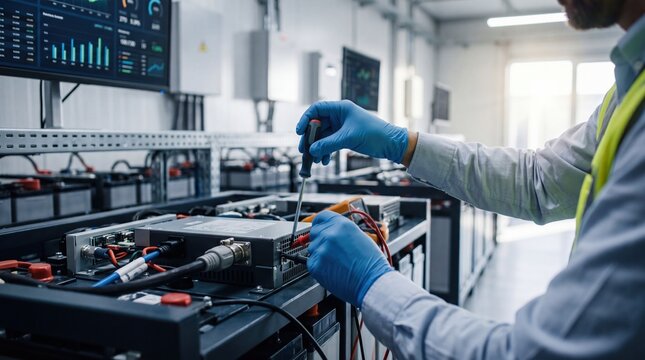 Technician Maintaining Battery Storage System with Screwdriver, Wearing Safety Gloves and Vest in Industrial Facility for Renewable Energy Infrastructure Repair and Upgrade